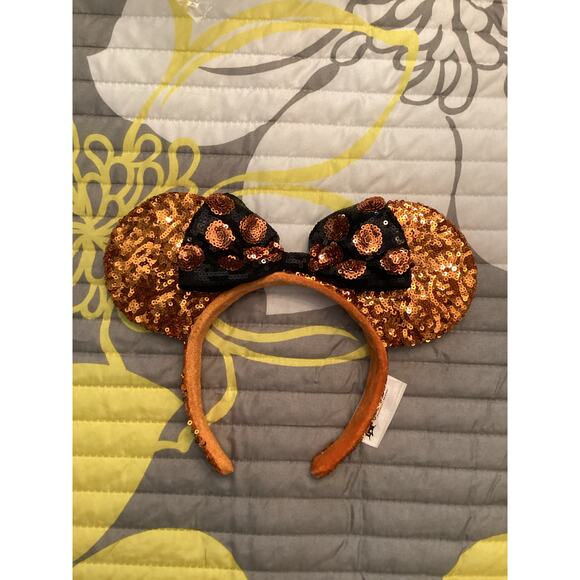 Disney Parks 2017 Halloween Minnie Mouse Orange Sequin Black Polkadot Bow Ears - Picture 1 of 2